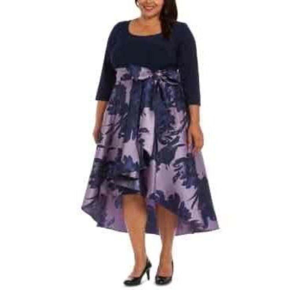 NWT R&M Richards Womens Navy Floral High Low 3/4 Sleeve Belted Dress 14W